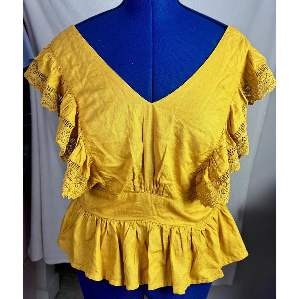 luna skies yellow ruffle‎ peplum smocked back flutter sleeve boho cottagecore